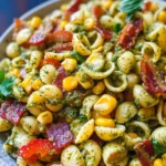 Corn Pasta Salad with Turkey Bacon and Creamy Pesto Dressing
