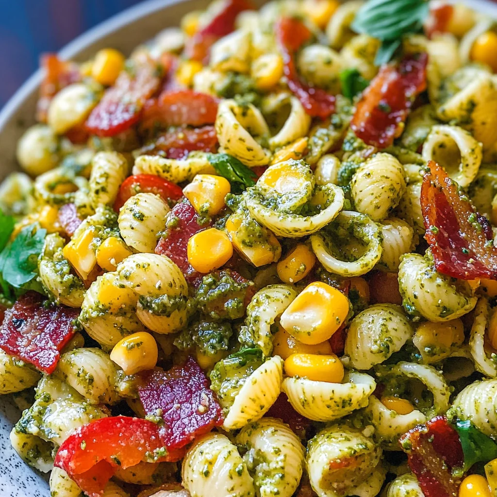 Corn Pasta Salad with Turkey Bacon and Creamy Pesto Dressing