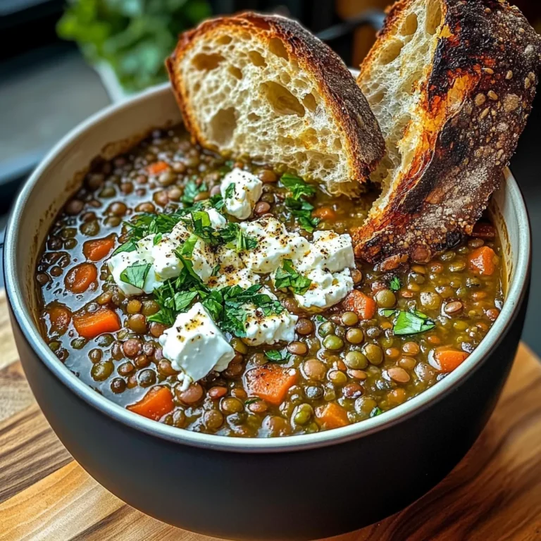 French Lentil Soup With Crispy Bread And Feta