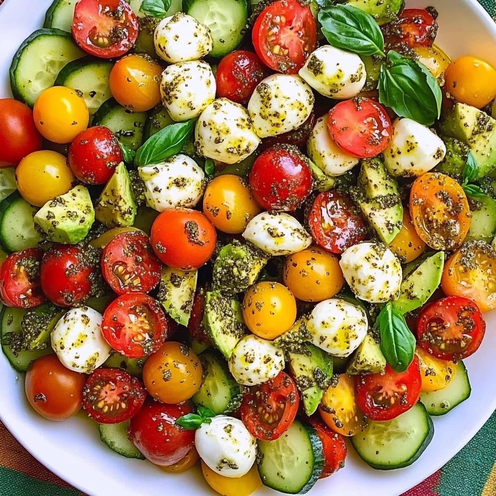 Tomato Cucumber Avocado Salad with Mozzarella and Basil Pesto