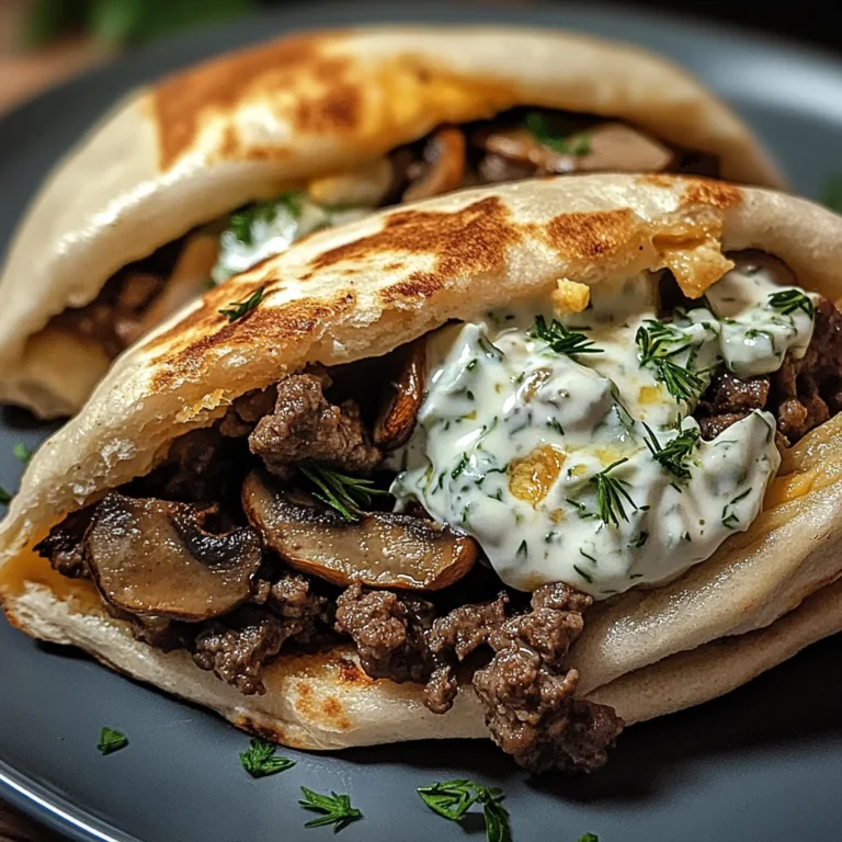 Cheesy Beef and Mushroom Pita Pockets with Tzatziki Sauce