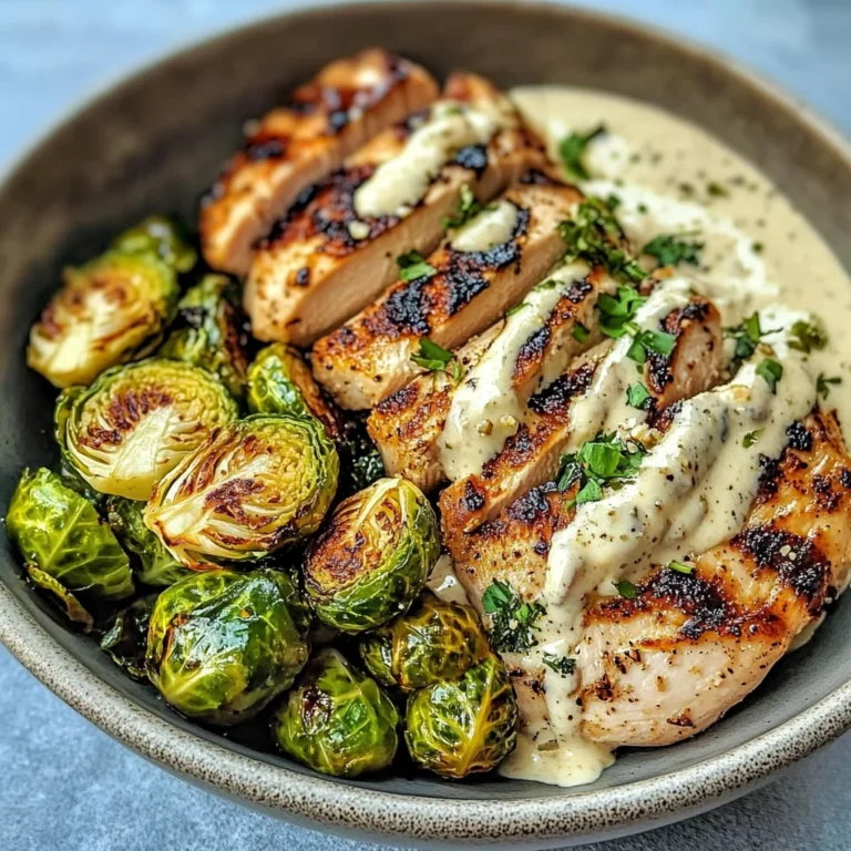 Grilled Chicken & Brussels Sprouts Bowl with Creamy Garlic-Parmesan Sauce
