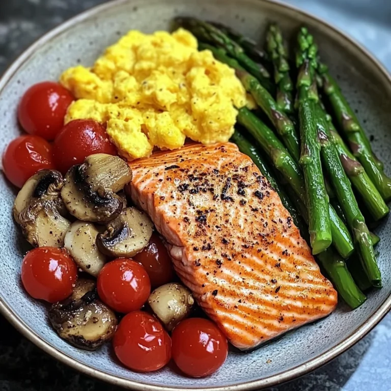 Salmon Power Bowl with Scrambled Eggs, Asparagus & Sauted Mushrooms