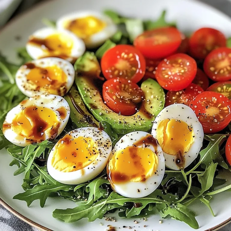 Avocado Arugula Salad with Jammy Eggs & Creamy Balsamic Drizzle