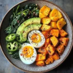 Avocado Power Plate with Jammy Eggs, Spinach & Sweet Potatoes