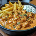 Creamy Butter Chicken with Garlic Cream Sauce and Hand-Cut Fries