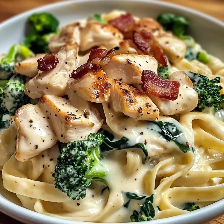 Creamy Chicken Bacon Fettuccine Alfredo with Spinach & Broccoli