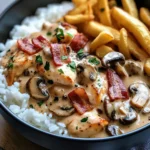 Creamy Chicken & Bacon Stroganoff with Garlic Naan, Rice & Crispy Fries