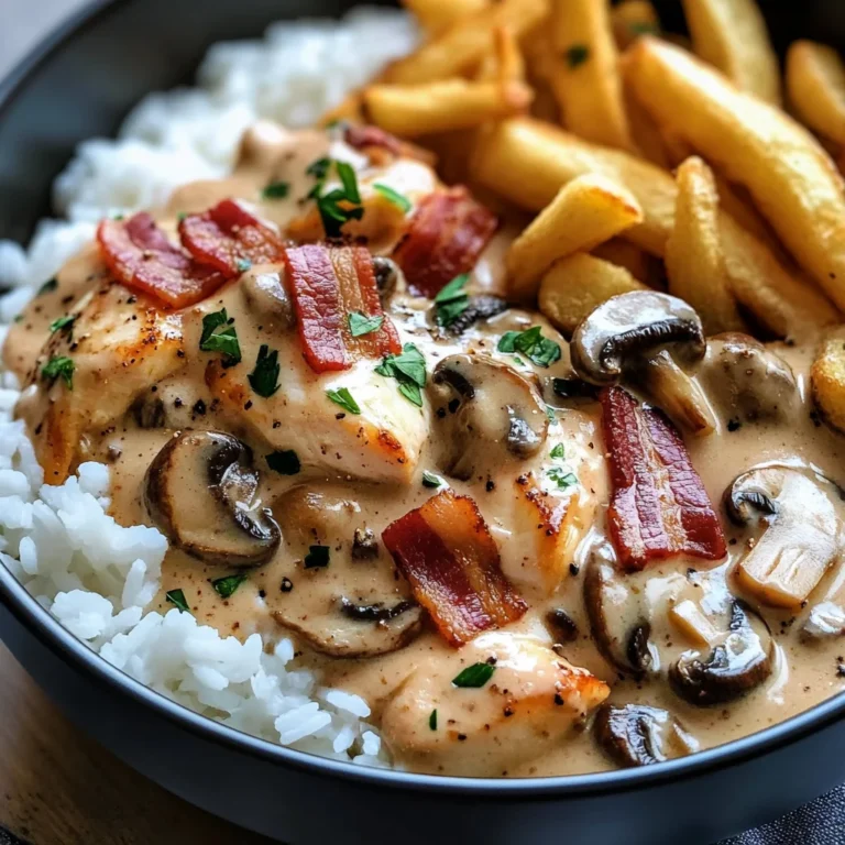 Creamy Chicken & Bacon Stroganoff with Garlic Naan, Rice & Crispy Fries