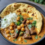Creamy Coconut Beef and Chickpea Curry with Fresh Garlic Naan