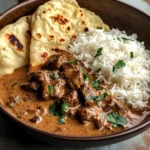 Creamy Coconut Curry Beef with Rice and Garlic Naan