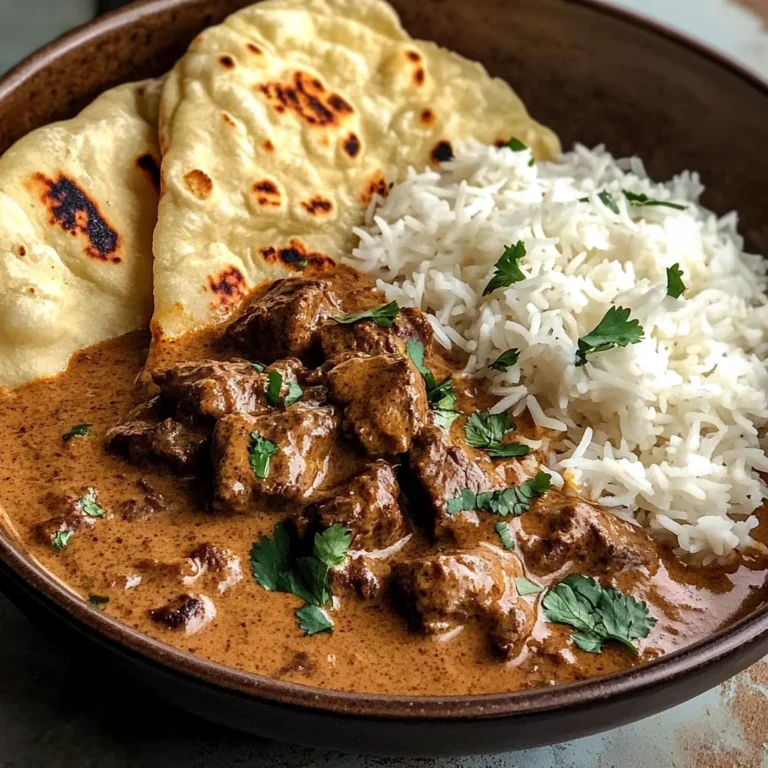 Creamy Coconut Curry Beef with Rice and Garlic Naan