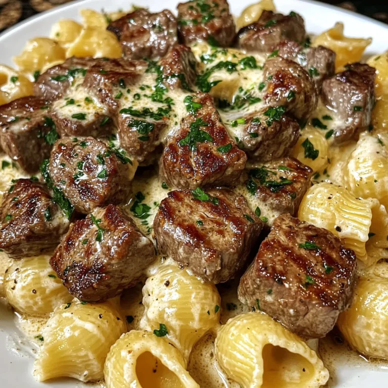 Creamy Garlic Parmesan Steak Bites with Shell Pasta