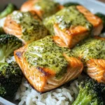 Creamy Pesto Salmon with Broccoli & Rice