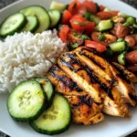 Grilled Chicken with Rice and Fresh Tomato-Cucumber Salad