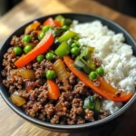 Spicy Ground Beef Stir-Fry Bowl with Garlic Veggies & Steamy Rice