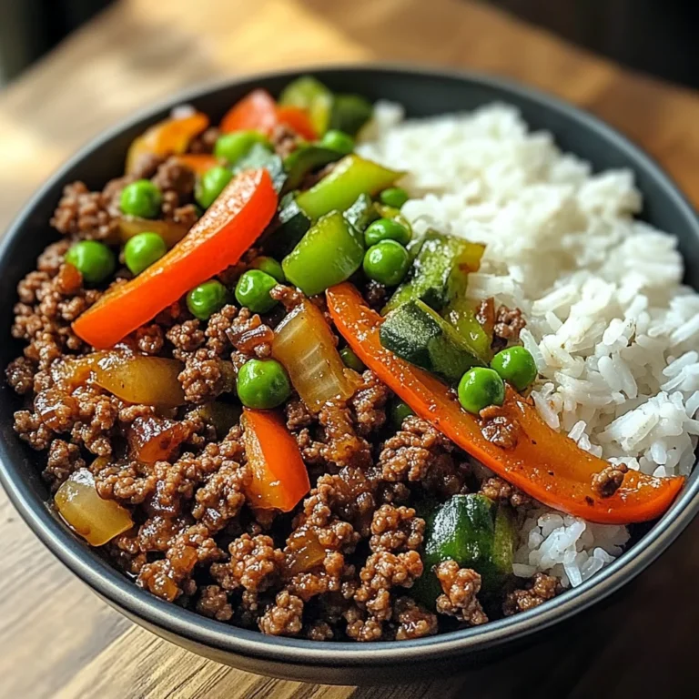 Spicy Ground Beef Stir-Fry Bowl with Garlic Veggies & Steamy Rice